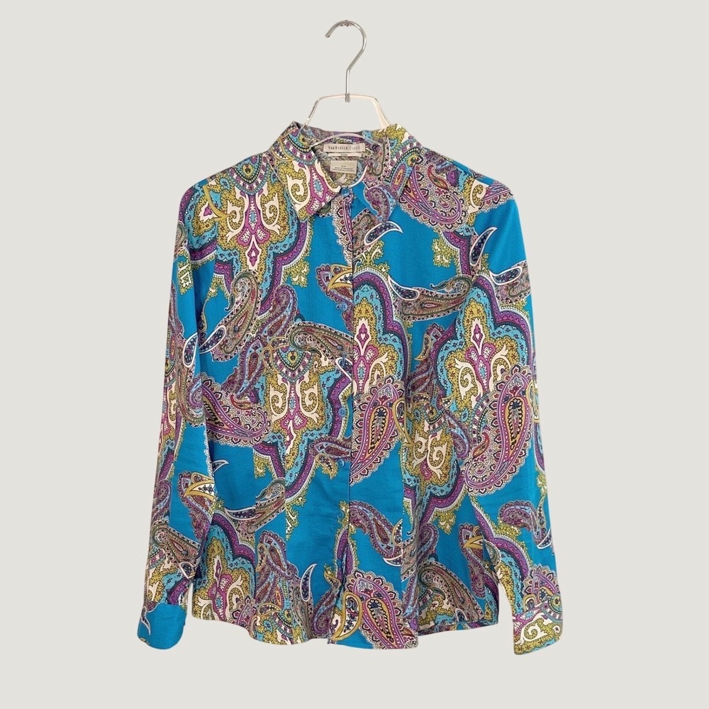 Van Heusen Studio Womens Blue Paisley Cotton Button Down Fitted Blouse Small - Picture 1 of 5
